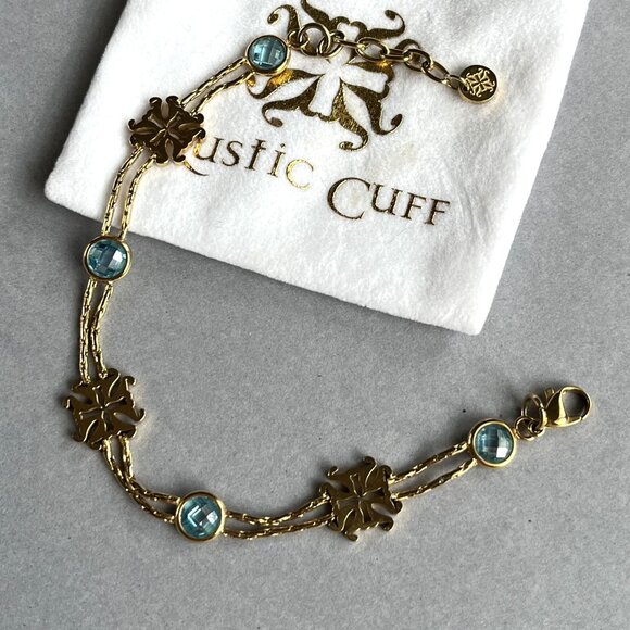 Rustic Cuff Logo and Aquamarine Blue Faceted Stones Clasp BraceletW/extender - Picture 2 of 3